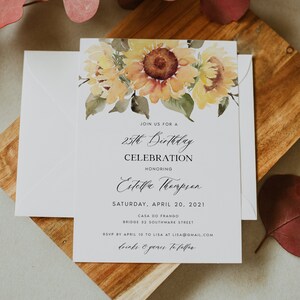 Invitations de fête d'anniversaire tournesol, invitation de fête d'anniversaire bohème, invitation d'anniversaire rustique, téléchargement immédiat, modifiable, Templett, #ESTLLA