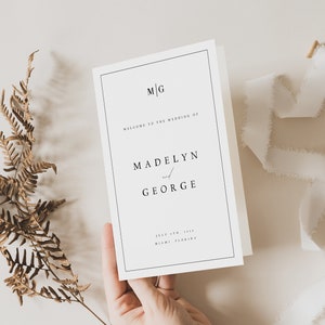 Elegant Wedding Program Template, Foldable Wedding Program, Minimalist Wedding Program, Folded Program Wedding Instant, Templett, #MDLN