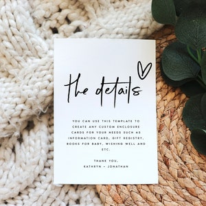 Minimalistische Einlage Kartenvorlage, bearbeitbar, druckbar, Babyparty Einlage, Hochzeit Details Karte, Sofort Download, DIY, Templett, #KTHR