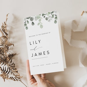 Afdrukbare programmasjabloon, bewerken met Templett, gevouwen, direct downloaden, bewerkbare order of service, eucalyptus, groen, boho, #LILY