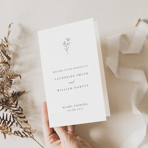 エレガントな折りたたみ式ウェディングプログラムテンプレート、ミニマリスト印刷可能（Templett）CATHER