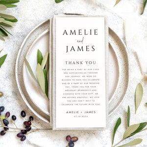 Lettre de remerciement minimaliste, note de serviette de mariage, modèle modifiable de remerciement de menu de mariage, cadre moderne Merci, #AMELIE