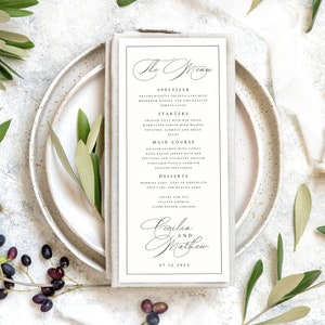 Druckbare Hochzeitsmenü-Vorlage, klassisches, elegantes, einfaches Hochzeitsmenü mit Rand, Templett, vollständig bearbeitbare Menüs, INSTANT Download, #CCL