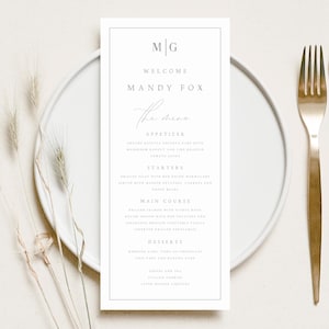Plantilla minimalista de menú y tarjeta de ubicación, plantilla de menú de boda Templett, tarjeta de presentación minimalista y menú de cena, descarga instantánea #MNDY