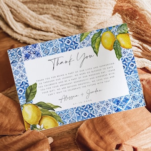 Mediterrane Hochzeit Dankeskartenvorlage, Flache Zitrone Citrus Blaue Kachel Dankeskarte, vollständig bearbeitbar, Sofort Download, Templett, #ALS
