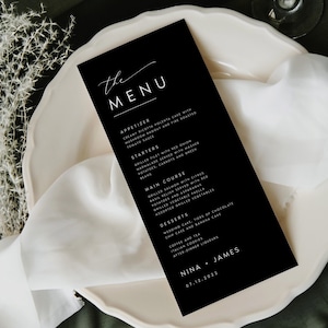 Plantilla de menú de boda moderna, menú minimalista de cena de boda con letras negras, imprimible, descarga digital, menú de cena de recepción editable, #NINA