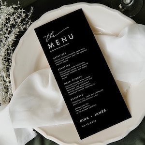 MODERN Wedding Menu Template, MINIMALIST Black Script Wedding Dinner Menu, Printable, Digital Download Reception Dinner Menu Editable, #NINA