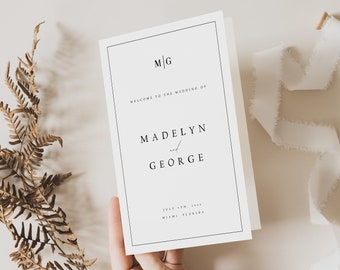 Elegant Wedding Program Template, Foldable Wedding Program, Minimalist Wedding Program, Folded Program Wedding Instant, Templett, #MDLN