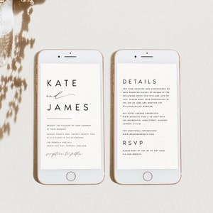 Minimalistische elektronische Hochzeitseinladung, Hochzeit Digital, moderne Online Einladungen, Details, Hochzeits-Evite, Smartphone-Einladung, #KATE