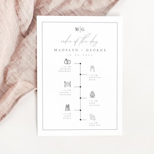May include: A black and white wedding order of the day timeline with icons for the ceremony, cocktail hour, dinner and speeches, cake cutting, first dance, and send-off. The text reads "MG order of the day MADELYN + GEORGE 10 06 2022".