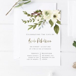 Plantilla elegante de invitación para funeral, tarjeta de anuncio de funeral, plantilla editable e imprimible para servicio conmemorativo o recepción, #FL95F