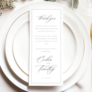 Carta de agradecimiento elegante, nota para servilleta de boda, plantilla editable de agradecimiento para menú de boda, agradecimiento por configuración de lugar minimalista, #EVL