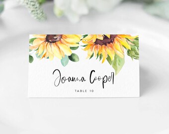 Sunflower Wedding Place Card Template Download, Editable Printable Yellow Greenery Floral Seating Name Card (Instant Access) #JOANNA