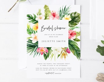 Plantilla digital de invitación para despedida de soltera tropical, invitaciones para fiesta nupcial hawaiana, tarjeta de invitación con flores tropicales, diseño floral - TR63S