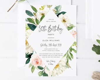 Virtual Birthday Party Invitations, Floral, Invite, Pink, Blush, Digital Download, Greenery, Social Distance Party, Editable, Printable