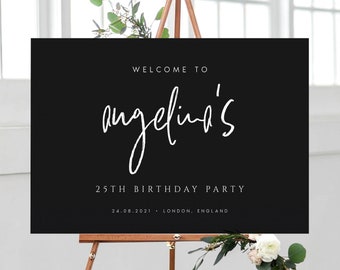 Black Welcome Birthday Party Sign, Birthday Welcome Sign, Birthday Party Decorations, Modern Birthday Decorations, Dark Birthday Sign #ANGEL