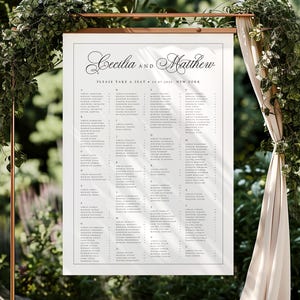 May include: A wedding seating chart with the names of guests listed in alphabetical order. The chart is displayed on a white background with black text and is framed by a copper-colored metal structure. The top of the chart reads "Cecilia and Matthew" and "Please take a seat".