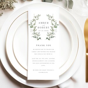 Minimalistische Dankeskartenvorlage, Greenery Flache Hochzeit Dankeskarte, Blumenkranz Danke, vollständig bearbeitbar DIY, Sofortiger Download #AMB