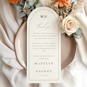 Élégante lettre de remerciement arquée, note de serviette de mariage, modèle modifiable de remerciement de menu de mariage, cadre minimaliste de remerciement, #MDLN