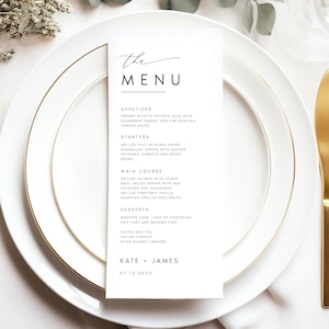 DRUKOWANE Menu Weselne, Nowoczesne Minimalistyczne Menu Weselne, Menu na Kolację, Menu na Baby Shower, Menu Urodzinowe, Wizytówka na Imprezę, #KATE
