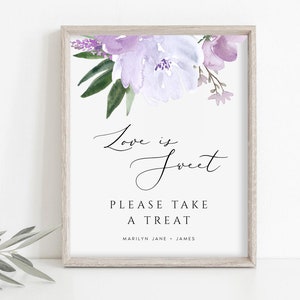 Teken liefde is zoet, bordsjabloon lavendel trouwbedankjes, Take A Treat, afdrukbare gunstenkaart, direct downloaden, 5 x 7 en 8 x 10, #LVN65S
