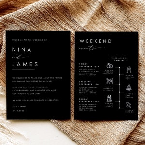 IMPRIMÉ + EXPÉDIÉ Itinéraire de week-end de mariage, programme de mariage recto-verso, carte du calendrier des événements du week-end de mariage noir, #NINA