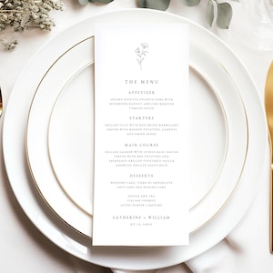 Menú de cena de boda floral botánico IMPRESO, menú de boda minimalista, menú de cena de recepción impreso en papel texturizado mate, #CATHER