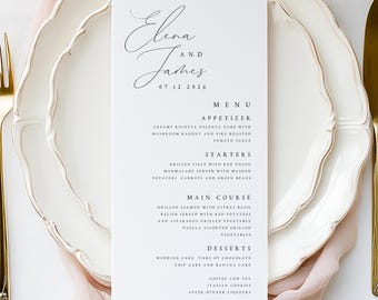 Printed Wedding Menu, Elegant Script Wedding Menu Card, Simple Calligraphy Wedding Menu Printable, DL Size, Textured Luxury Paper, #E008