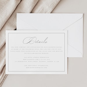 Carte minimaliste pour pièce jointe, Cartes détaillées imprimables, Carte d'informations modifiable, Insert élégant sur les détails du mariage, Mariage à destination, #CCL