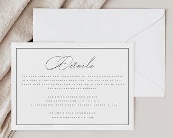 Carte minimaliste pour pièce jointe, Cartes détaillées imprimables, Carte d'informations modifiable, Insert élégant sur les détails du mariage, Mariage à destination, #CCL