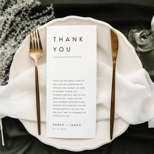 Carta de agradecimiento moderna, nota para servilleta de boda, plantilla editable de agradecimiento para menú de boda, agradecimiento minimalista para mesa, #SRH