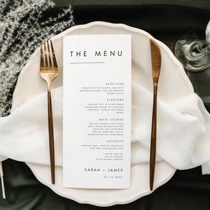 Plantilla de menú de boda minimalista, menú de cena de boda con escritura moderna, imprimible, descarga digital, menú de cena de recepción editable, hazlo tú mismo, #SRH
