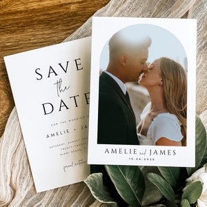 GEDRUCKTES doppelseitiges Bogen-Foto speichern die Datumskarten, minimalistische gewölbte Hochzeit speichern die Daten, speichern Sie unsere Datumskarten, KOSTENLOSE Umschläge, #AMELIE