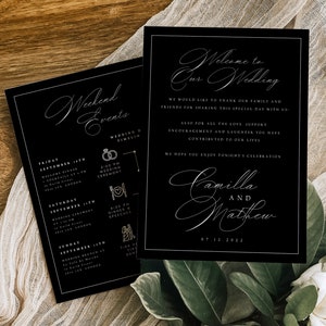 May include: Black and white wedding invitation with gold accents. The invitation features a timeline of events for a wedding weekend, including a welcome dinner, wedding ceremony, dinner and speeches, and a brunch. The invitation also includes the names Camilla and Matthew and the date 07.12.2022.