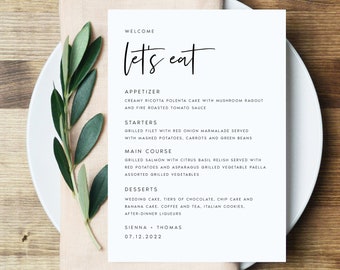 Modèle de menu de mariage moderne, menu de dîner de mariage minimaliste, imprimable, téléchargement numérique, menu de dîner de réception, 100% modifiable, bricolage, #MD48H