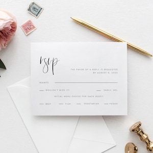 モダンなRSVPカード、ミニマリストな結婚式招待状挿入物、編集可能な結婚式返信ポストカード、RSVP挿入物、即時ダウンロード、テンプレート、#AISHA