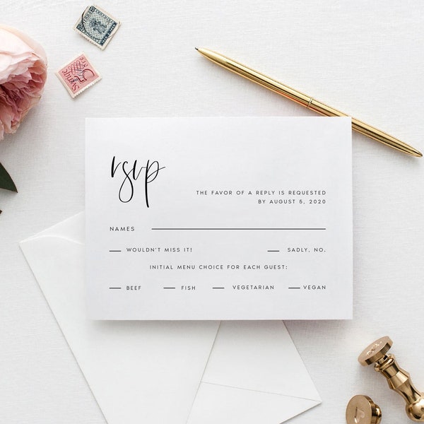 Modern RSVP Card, Minimalist Wedding Invitation Insert, Editable Wedding Response Postcard, RSVP Insert, Instant Download, Templett, #AISHA