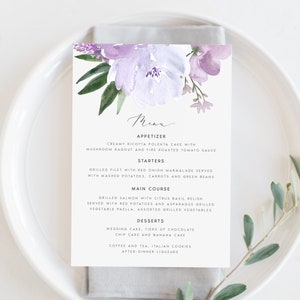 Wedding Menu Template Lavender, Dinner Menu, Printable, Floral, Digital Download, Lilac, Purple, Elegant, DIY, Templett, Editable, #LVN65S