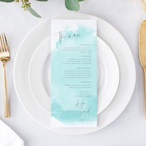 Modelo de Cardápio de Casamento em Aquarela, Turquesa, Azul Claro, DOWNLOAD INSTANTÂNEO, Cardápio de Jantar para Imprimir, Texto 100% Editável, Templatett, #SKY