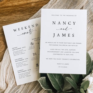 IMPRIMÉ + EXPÉDIÉ Itinéraire de week-end de mariage, programme de mariage recto-verso, carte de calendrier des événements de week-end de mariage, #NNC