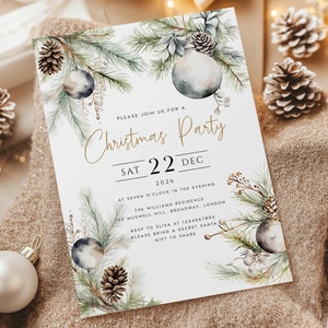 Plantilla de invitación para fiesta de Navidad, acuarela festiva con vegetación y pino, invitación imprimible para cena navideña, descarga digital editable n.° 2024-2