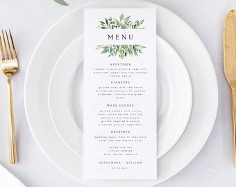 Modèle de menu de mariage minimaliste, menu de mariage moderne imprimable, verdure, rustique, TEMPLETT, carte de menu moderne, menu de mariage imprimable, #ALXD