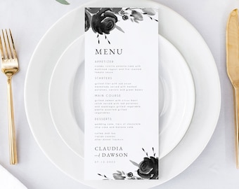 Black and White Floral Wedding Menu Template, Wedding Menu Printable, Edit with TEMPLETT, Elegant Menu Card, Printable Wedding Menu, #CLAUD