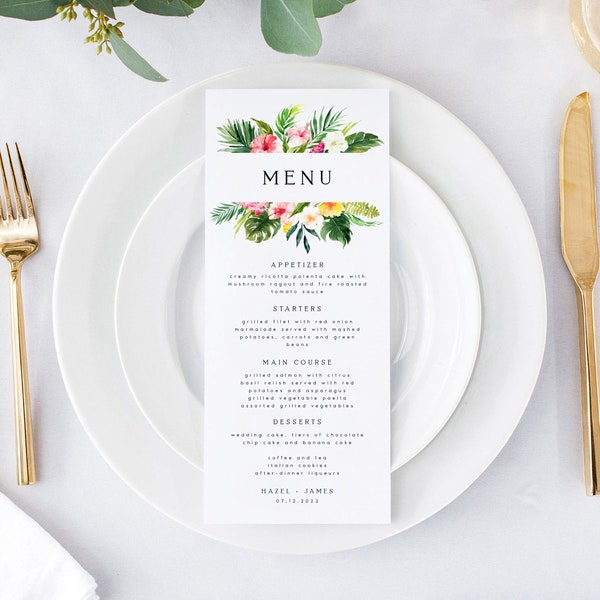 Tropical Wedding Menu Template, Beach Wedding Dinner Menu, Printable, Instant Download, Greenery, Summer Wedding Menu, Editable, DIY, #HZL