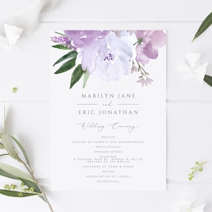 Plantilla de programa de boda en tonos lavanda, orden de servicio en tonos lila. Programa de ceremonia imprimible, doble cara, 13 x 18 cm, descarga digital #LVN65S