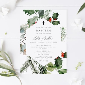 Modèle modifiable d'invitation de baptême d'hiver, invitation de baptême imprimable verdure, Noël, vacances, téléchargement immédiat, Templett, #ELLA