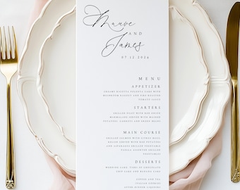 Menú de boda impreso, diseño minimalista elegante, tarjeta de menú personalizada ANTN