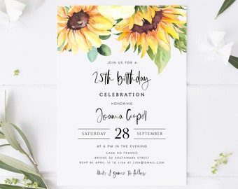 Sunflower Birthday Party Invitations, Yellow & Greenery Birthday Party Invite, Digital Download, Instant Download, Editable, #JOANNA