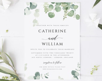 Greenery Wedding Invitation, Eucalyptus Wedding Invite Template, Dark Sage Green, Editable, Instant Download, Printable Invite, #GRN638