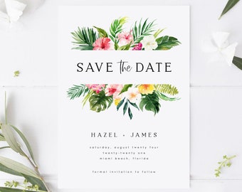 RC0112 Greenery and Gold Save our Date Printable Instant Download Tropical Save the Date Template Destination Wedding Fully Editable